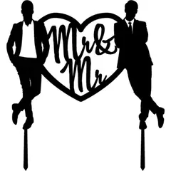 GENERICO - Topper Torta Mr & Mr Corazón Matrimonio LGBTQ+ MDF Negro 15x15 cm