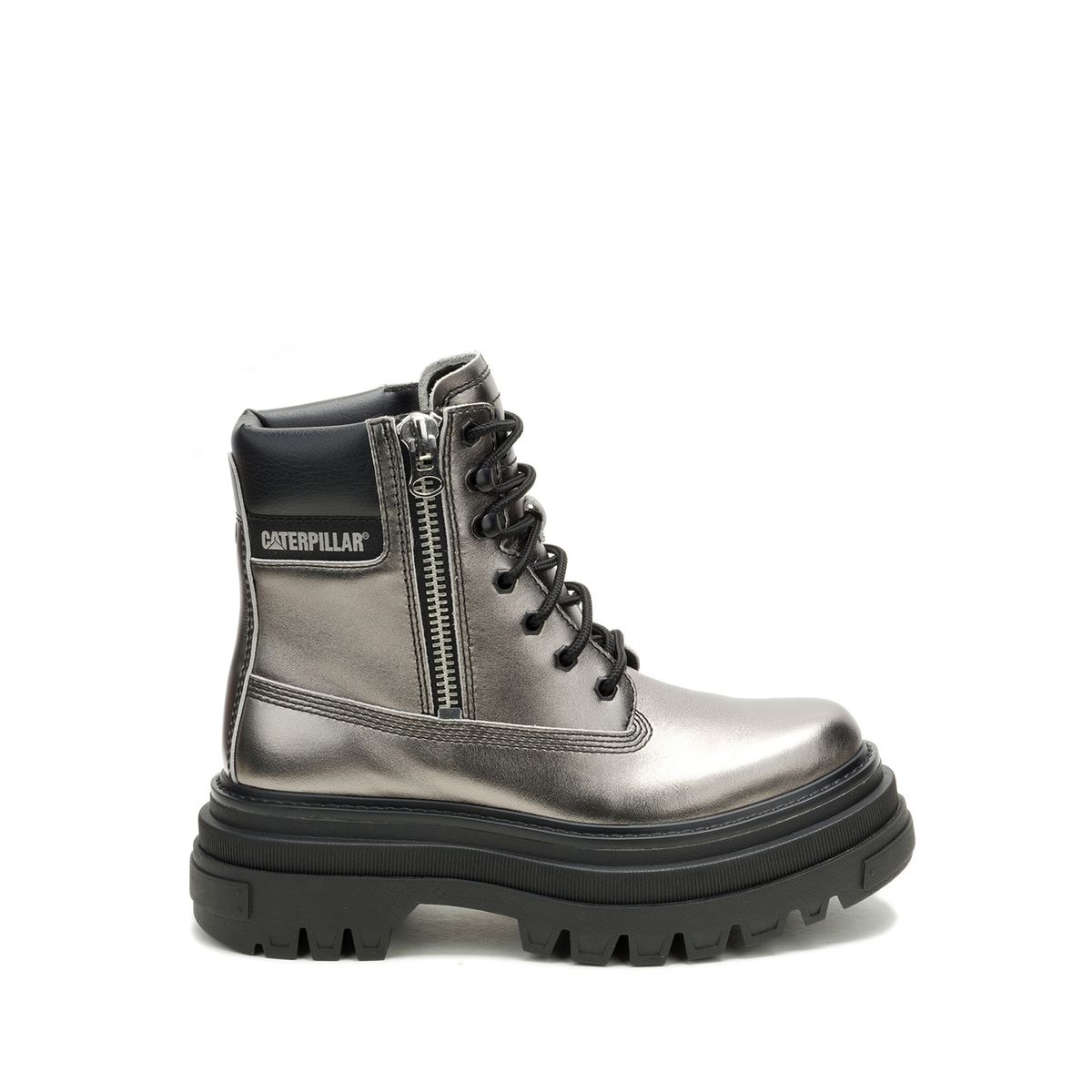 CAT - Botín Cuero Mujer Bolder Zip Plateado CAT