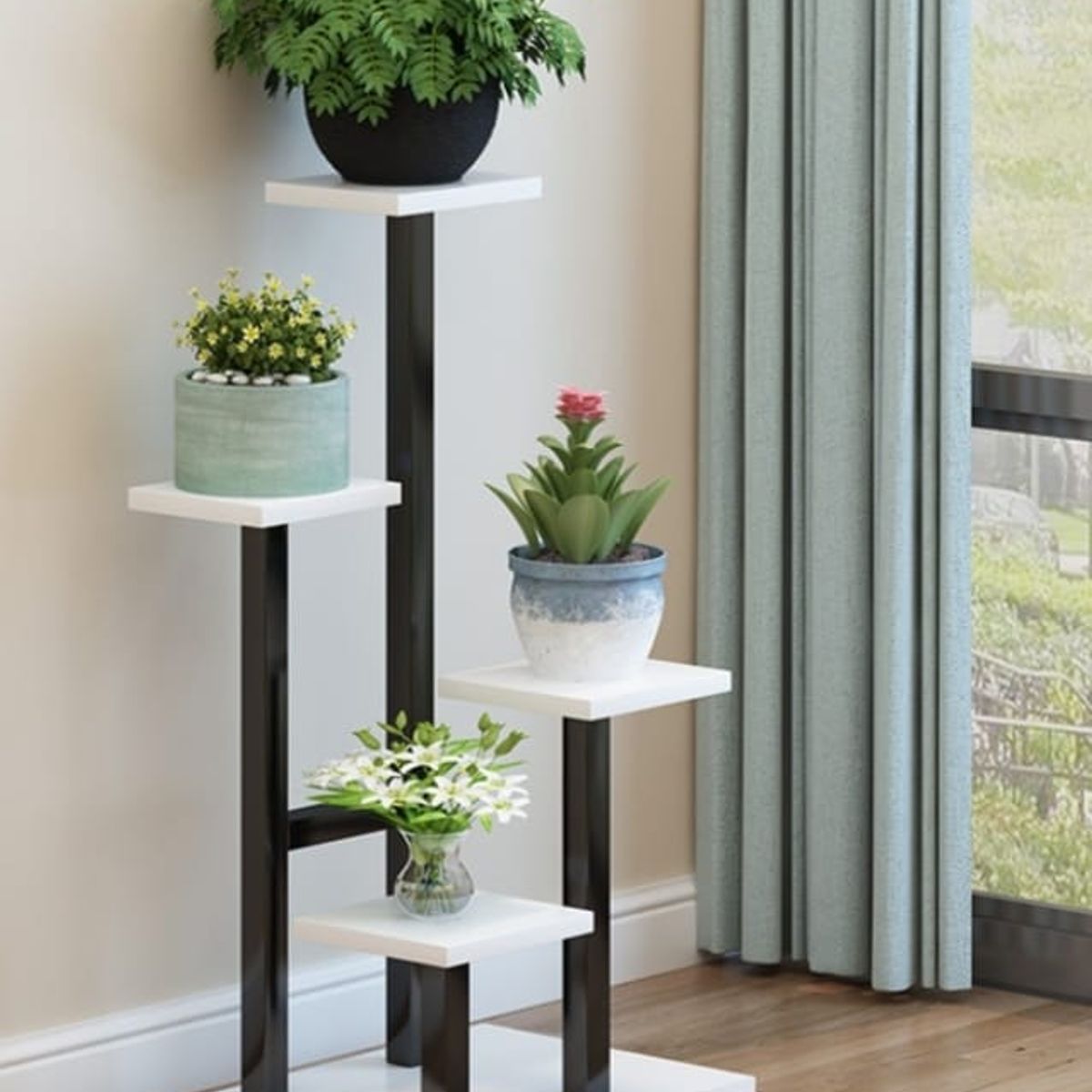 MDF - soporte para plantas tubos negro madera blanca