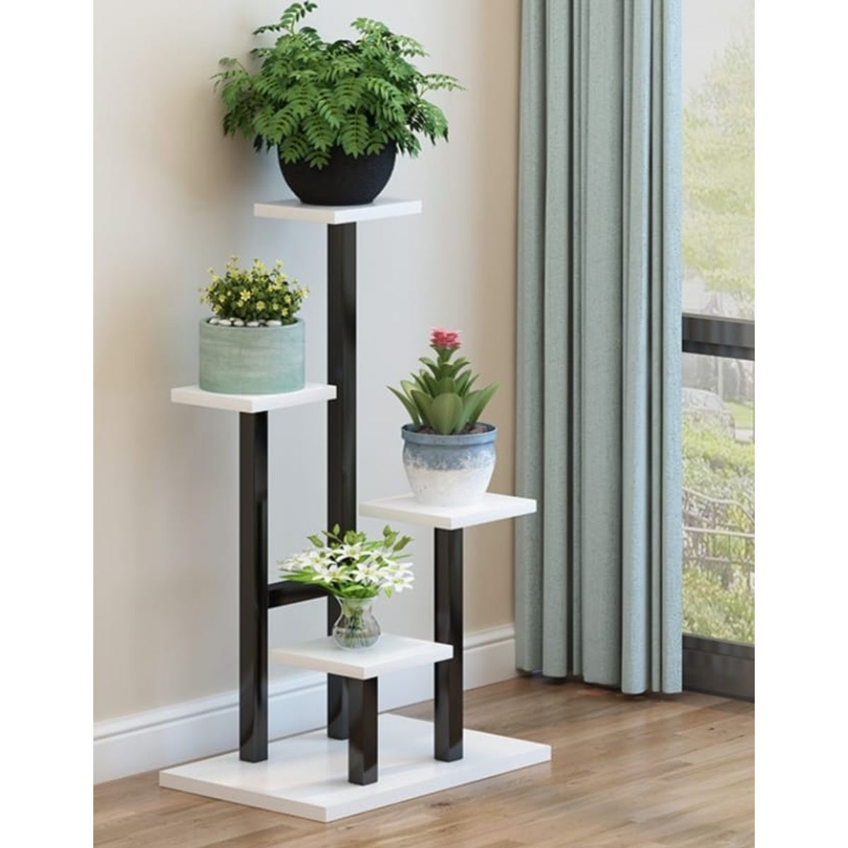 MDF - soporte para plantas tubos negro madera blanca