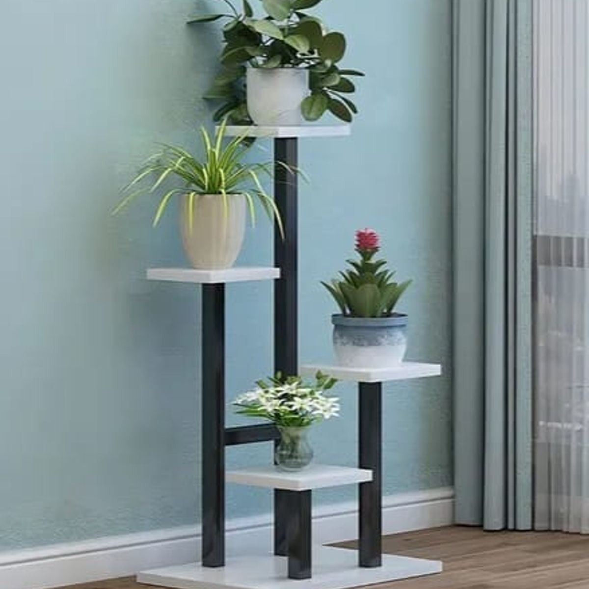 MDF - soporte para plantas tubos negro madera blanca