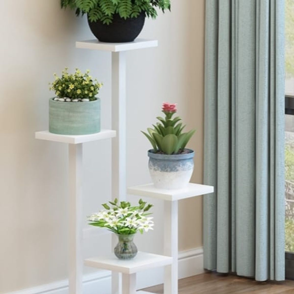 MDF - soporte para plantas tubos blanco y madera blanca