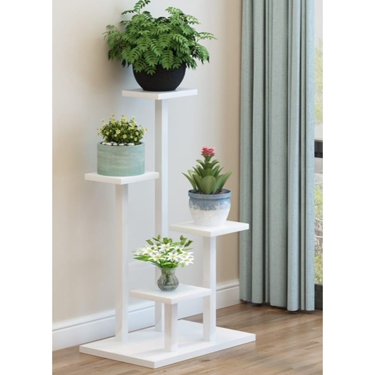 MDF - soporte para plantas tubos blanco y madera blanca
