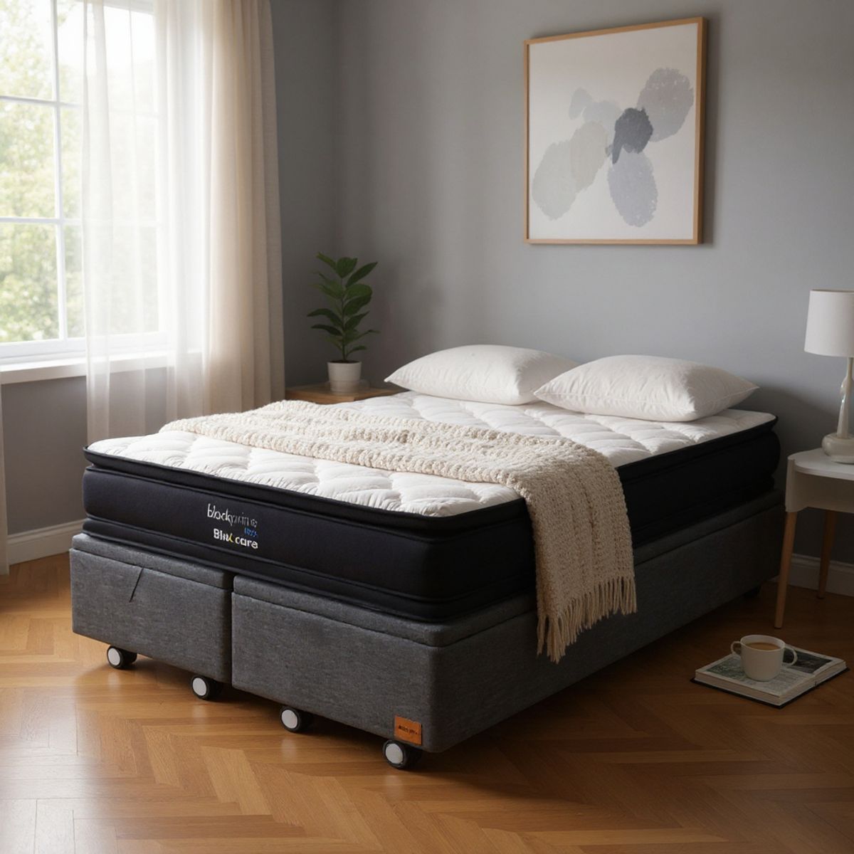 BLOCCARE - Cama Baul King L200  cm + Colchon Black Prime - Modelo Dos / Rueda Logo (Gris)