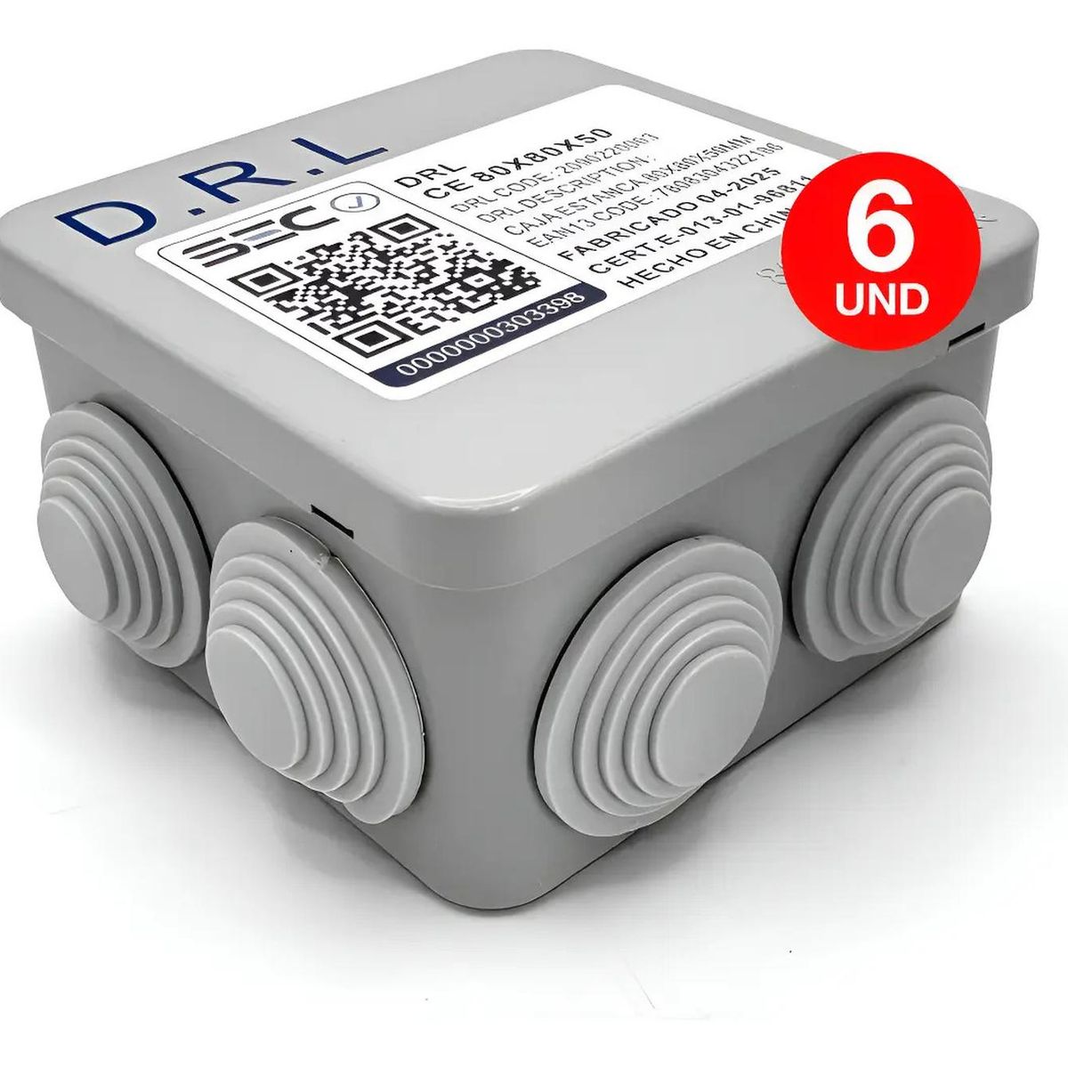 DRL - Pack 6 Caja Estanca Derivación Drl Ip40 80x80x50mm Conos Sec Gris