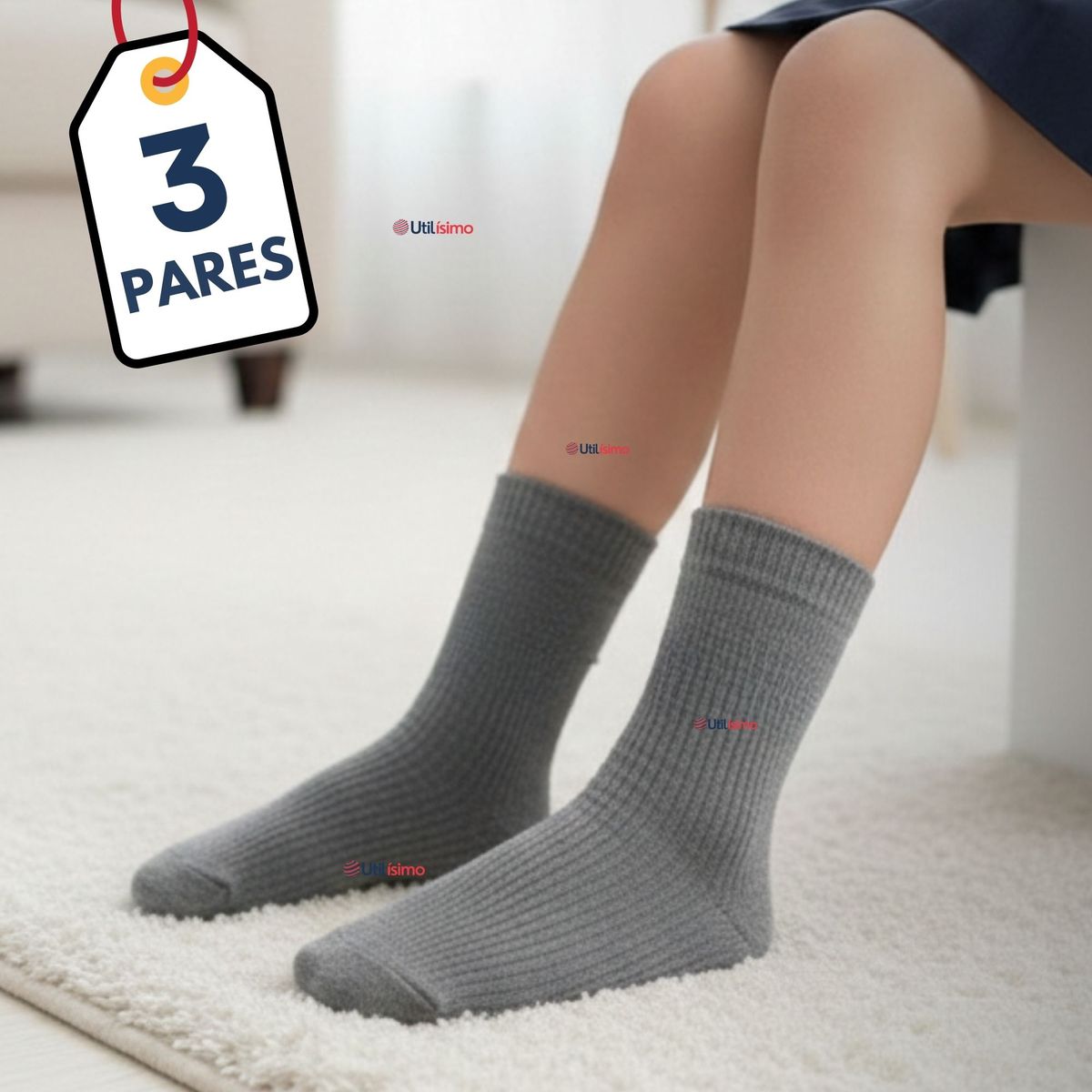 UTILISIMO - Pack 3 Calcetínes Escolares Corto Bambú Gris Niño y Nina