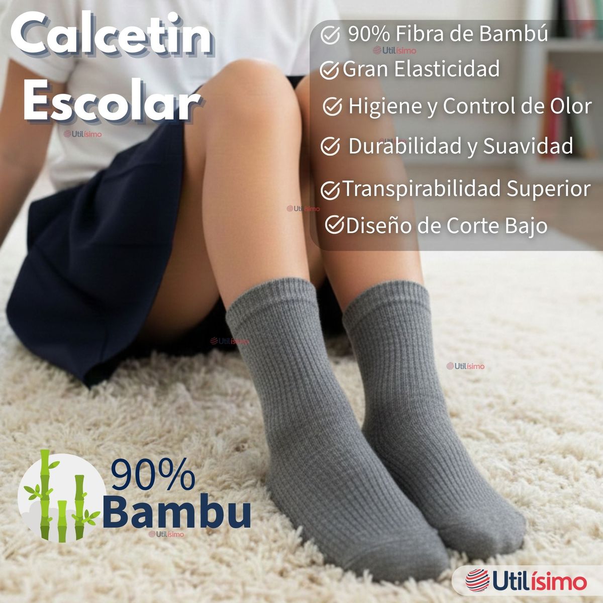 UTILISIMO - Pack 3 Calcetínes Escolares Corto Bambú Gris Niño y Nina