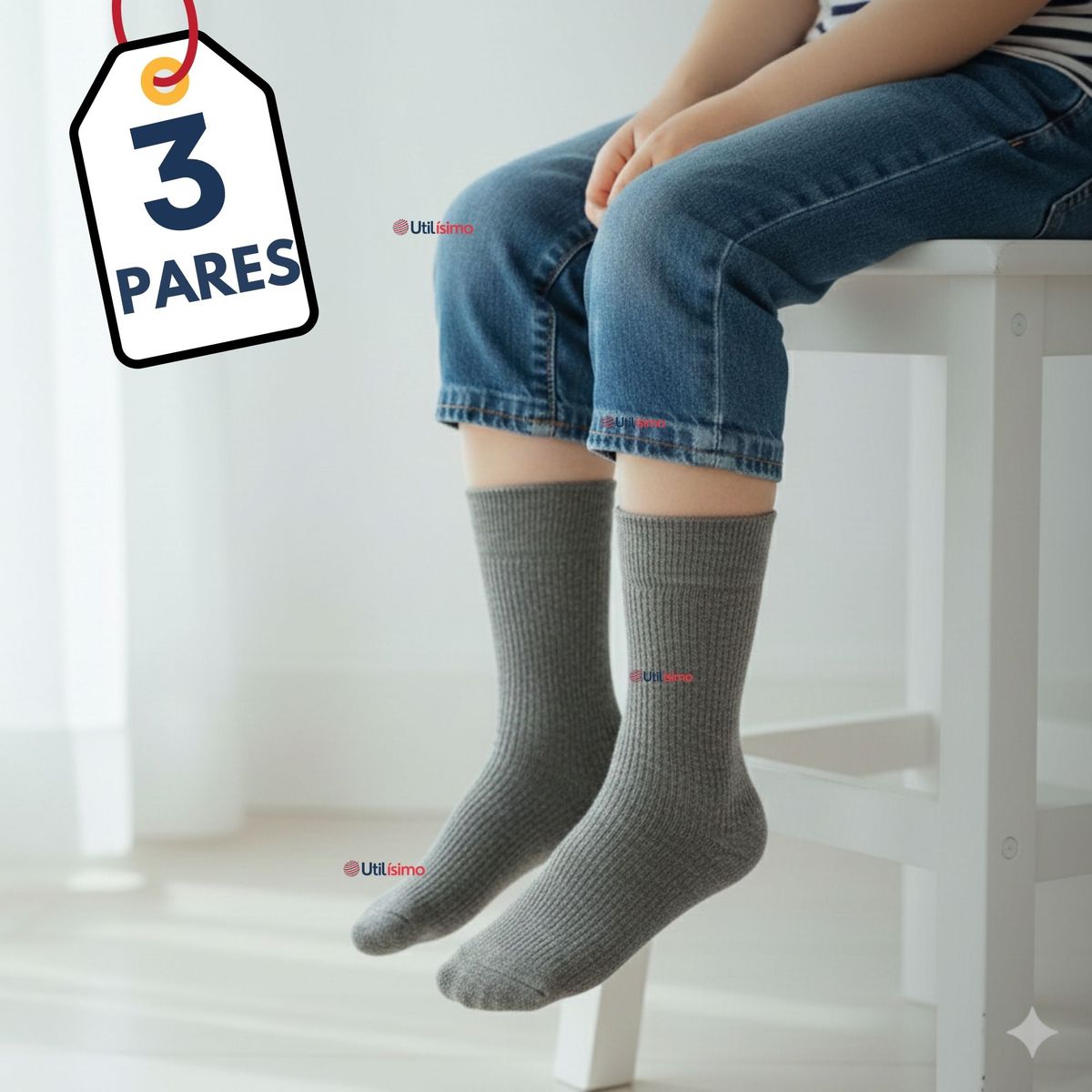 UTILISIMO - Pack 3 Calcetínes Escolares Corto Bambú Gris Niña Niño Juvenil