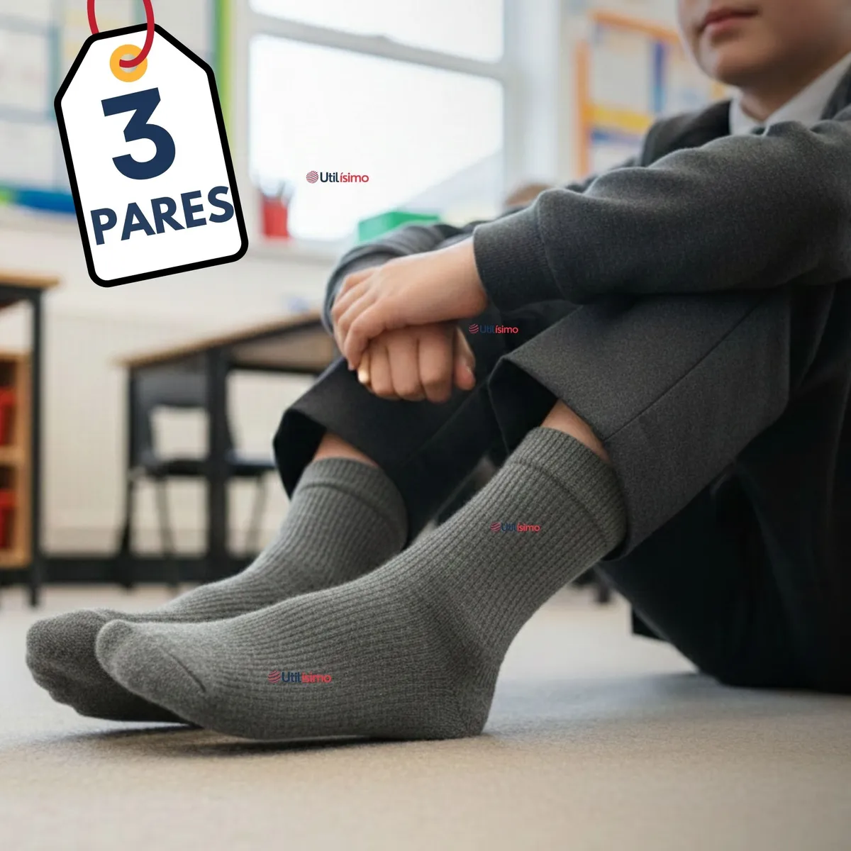 UTILISIMO - Pack 3 Calcetínes Escolares Corto Bambú Gris Niña Niño Juvenil