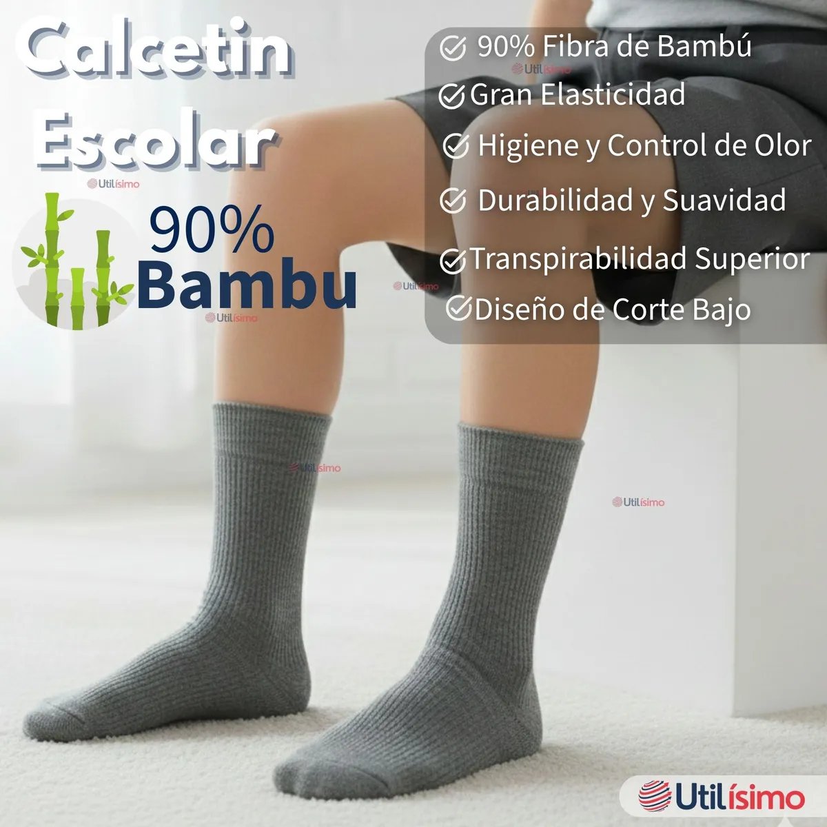 UTILISIMO - Pack 3 Calcetínes Escolares Corto Bambú Gris Niña Niño Juvenil