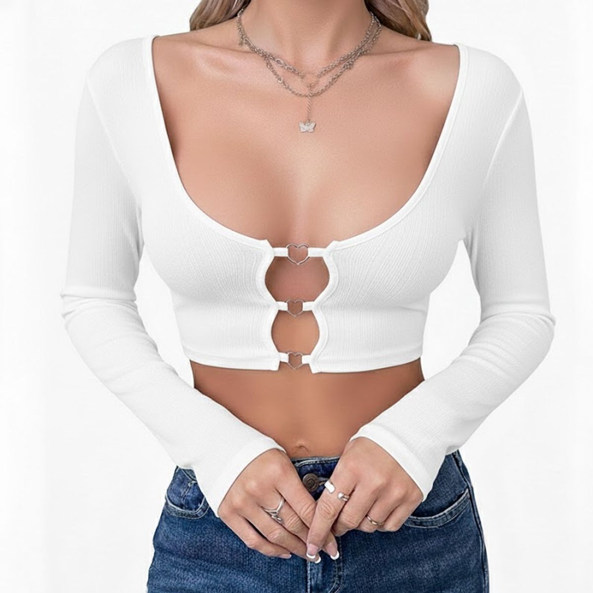 GARSIL - Crop Top Con Escote Para Mujer De Manga Larga - Broches Corazon