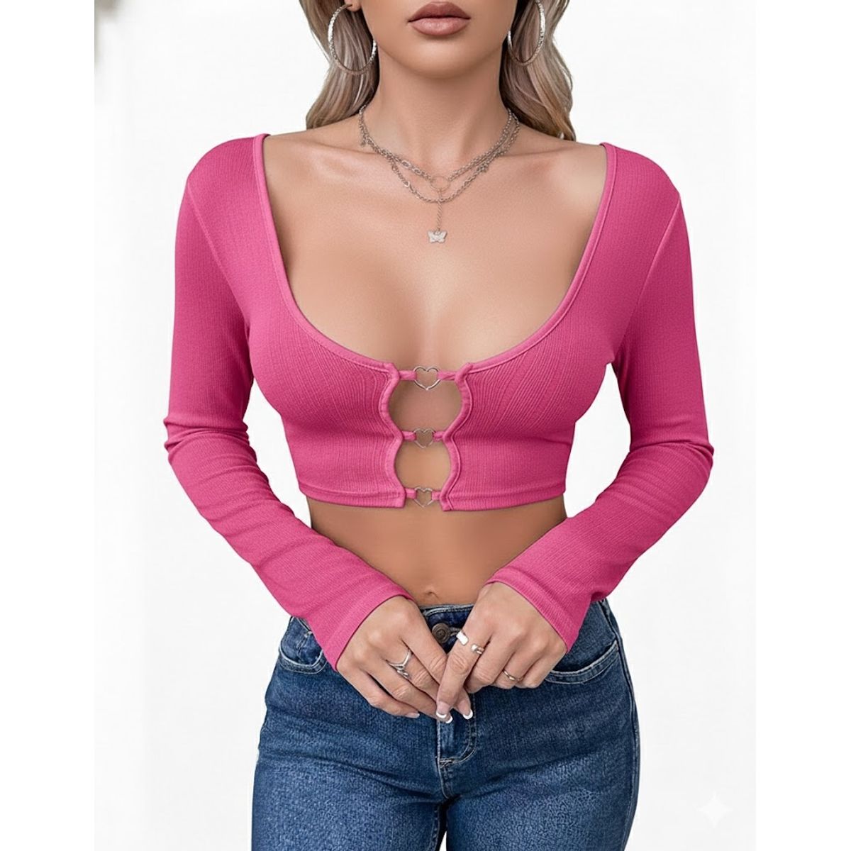 GARSIL - Crop Top Con Escote Para Mujer De Manga Larga - Broches Corazon