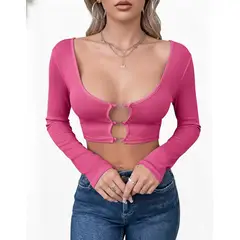 GARSIL - Crop Top Con Escote Para Mujer De Manga Larga - Broches Corazon