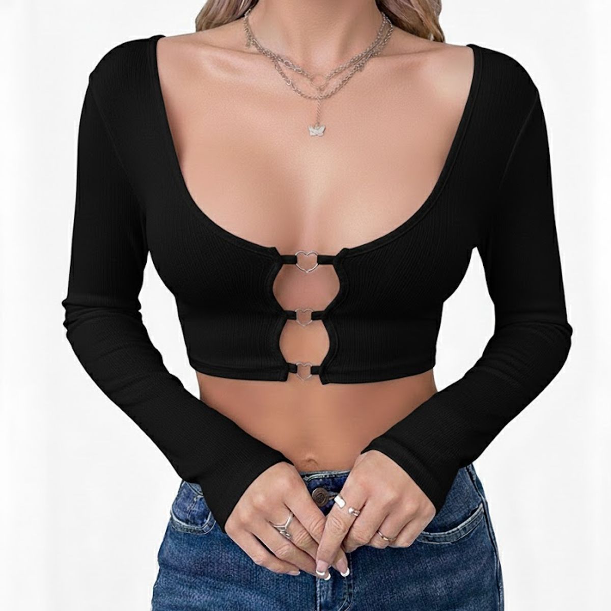 GARSIL - Crop Top Con Escote Para Mujer De Manga Larga - Broches Corazon