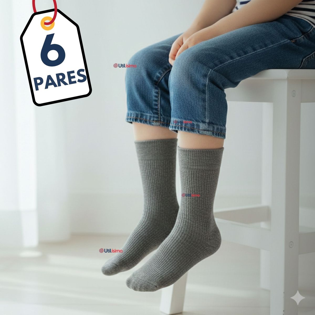 UTILISIMO - Pack 6 Calcetínes Escolares Corto Bambú Gris Niña Niño Juvenil