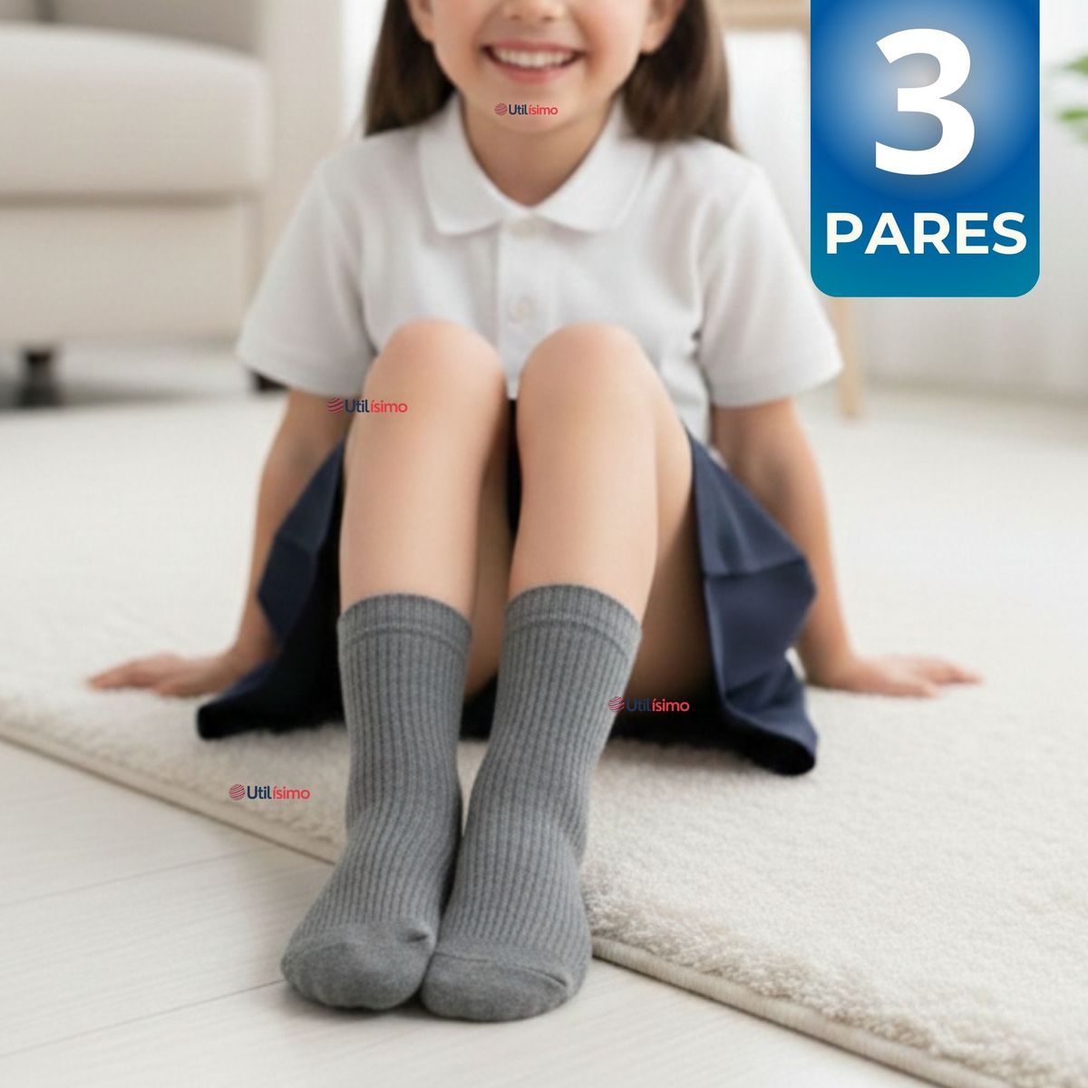 UTILISIMO - Pack 3 Calcetínes Escolares Corto Acrilico Gris Niño y Niña