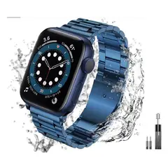GENERICO - Correa Acero compatible Apple Watch 46mm 45mm 42mm Ajustador Azul