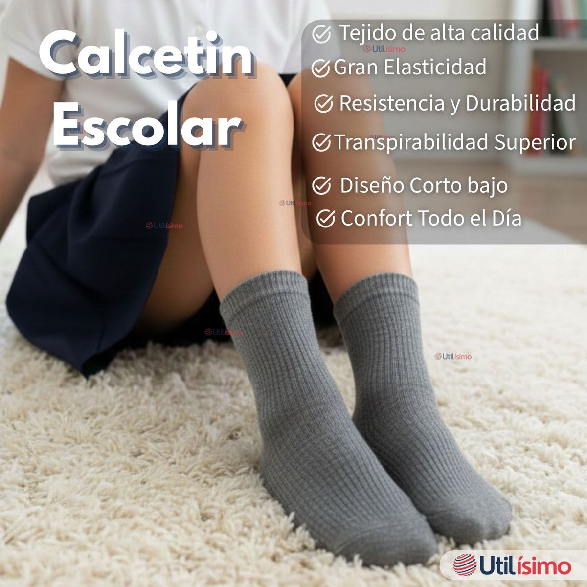 UTILISIMO - Pack 6 Calcetínes Escolares Corto Acrilico Gris Niño y Niña