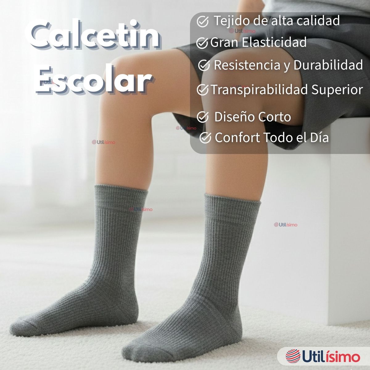 UTILISIMO - Pack 6 Calcetínes Escolares Corto Acrilico Gris Niña Niño Juvenil