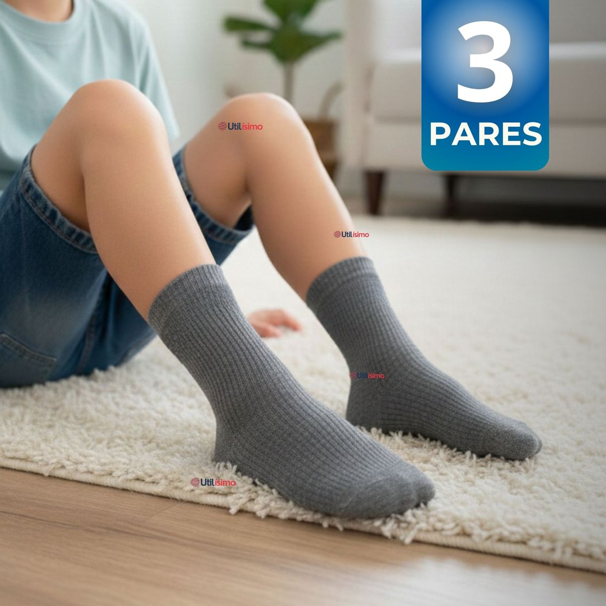 UTILISIMO - Pack 3 Calcetínes Escolares Corto Algodón Gris Niño Niña Juvenil