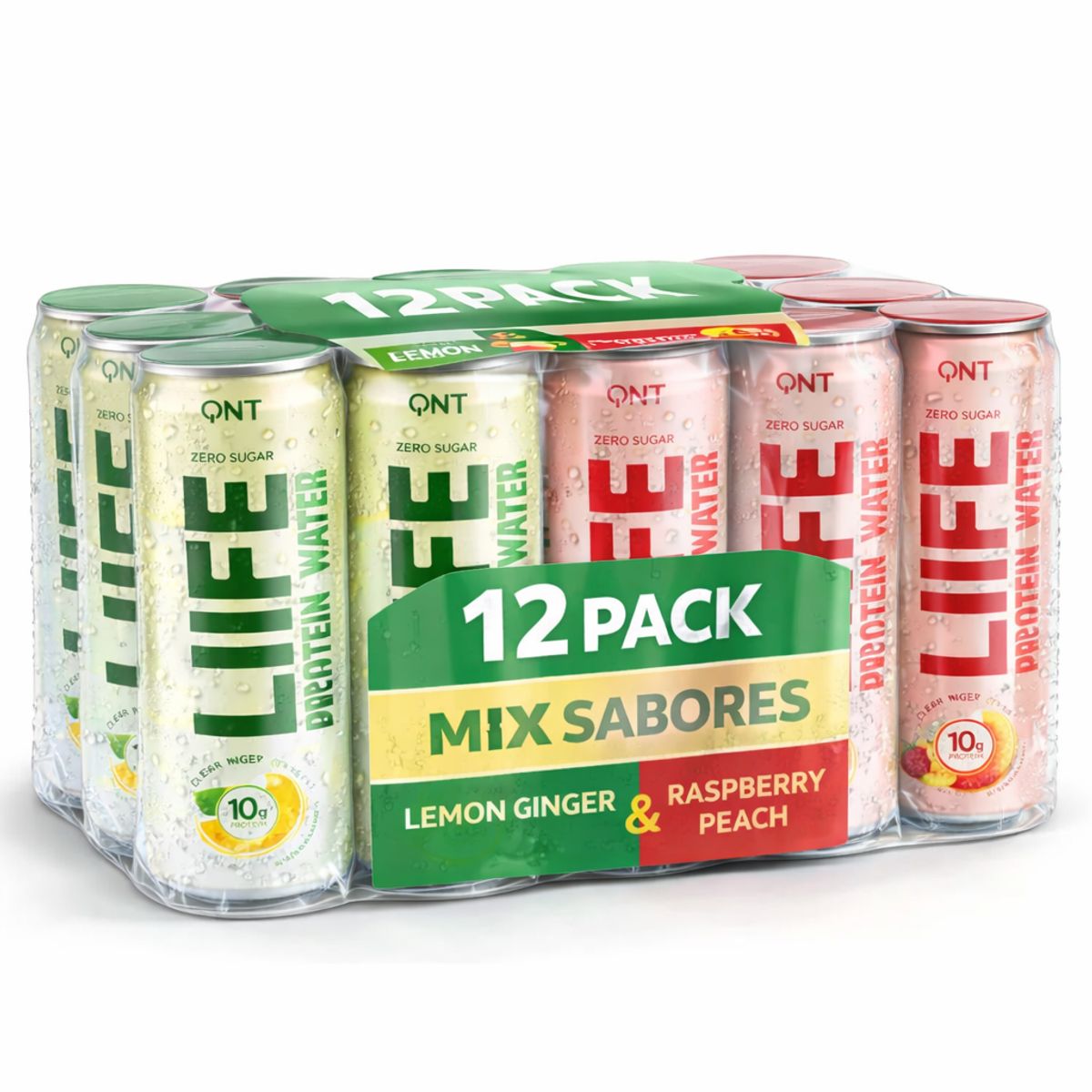 QNT - Pack x 12 Agua Proteína 330 ml con 10 gr. por lata QNT Mis Sabores Raspberry Peach - Lemon