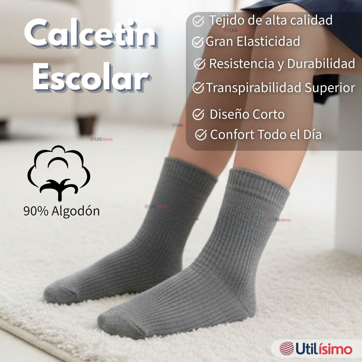UTILISIMO - Pack 6 Calcetínes Escolares Corto Algodón Gris Niño y Niña