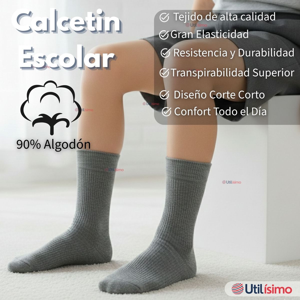 UTILISIMO - Pack 6 Calcetínes Escolares Corto Algodón Gris Niño Niña Juvenil