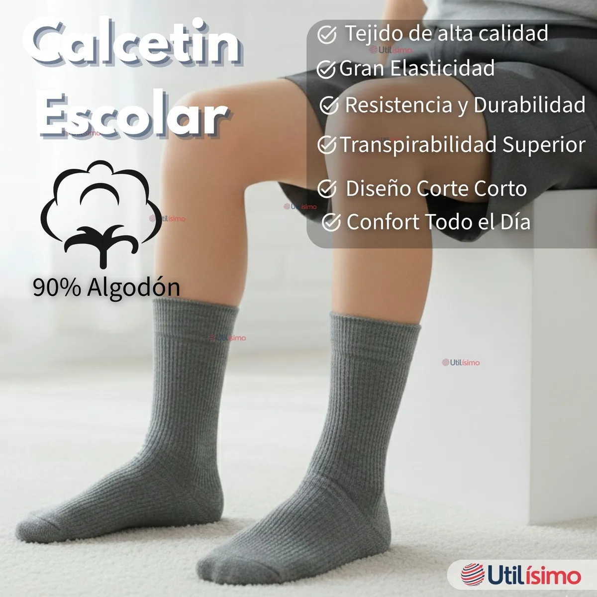 UTILISIMO - Pack 6 Calcetínes Escolares Corto Algodón Gris Niño Niña Juvenil