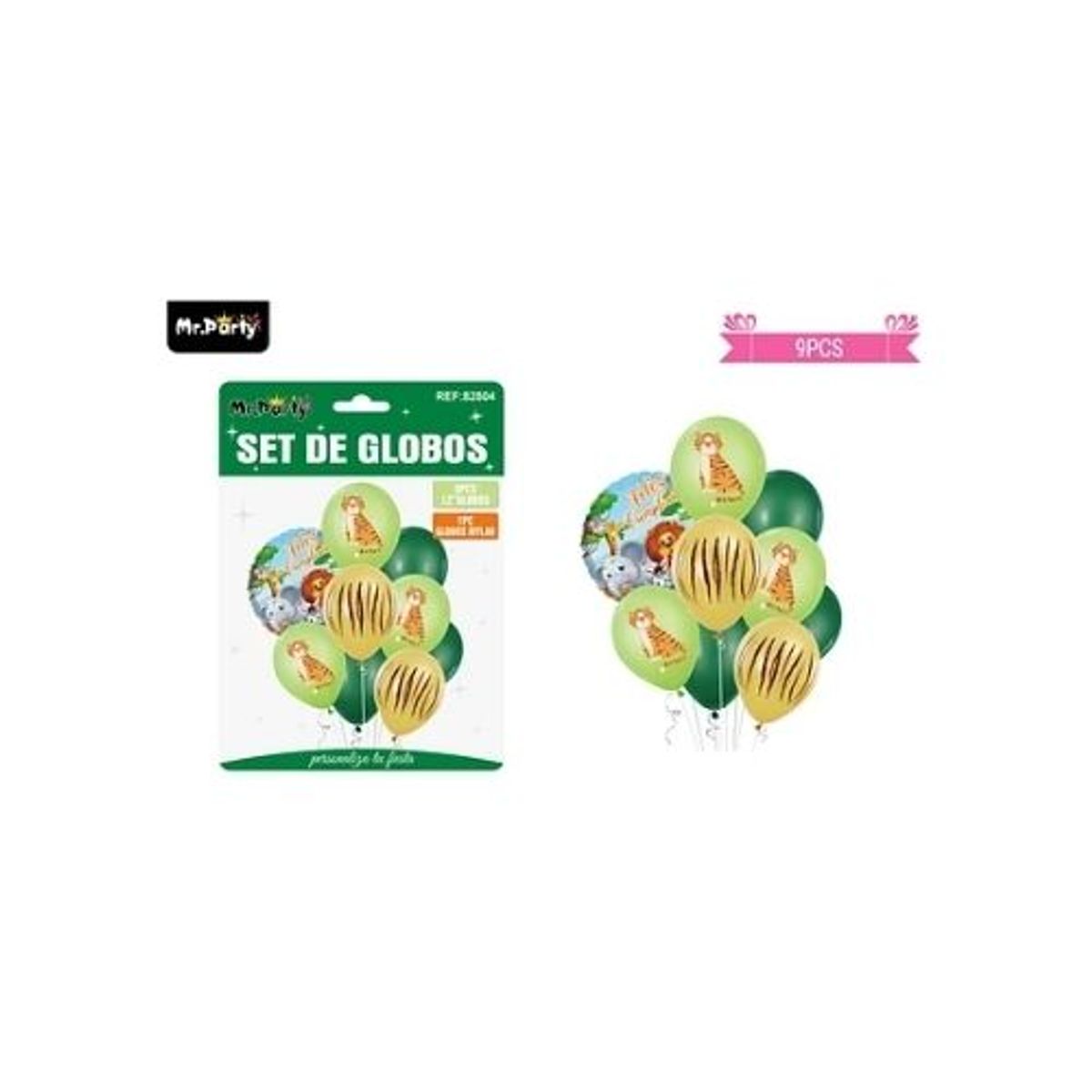 GENERICO - Set globos de látex verde con animales 9pcs