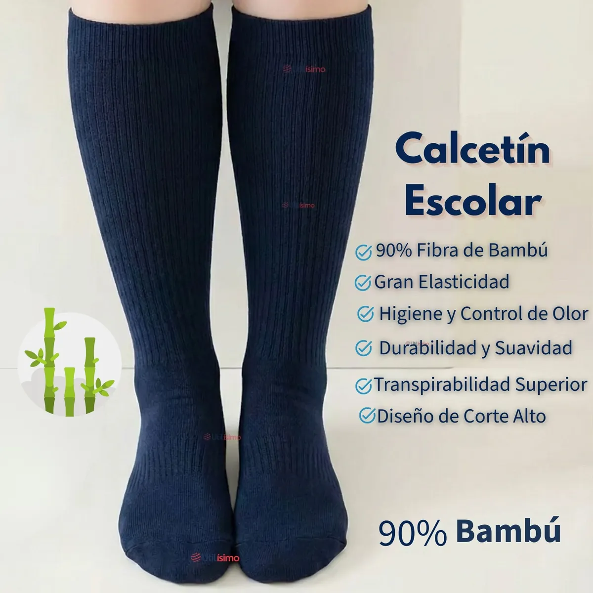 UTILISIMO - Pack 3 Calcetines Escolares Largo Bambú Azul Niñas