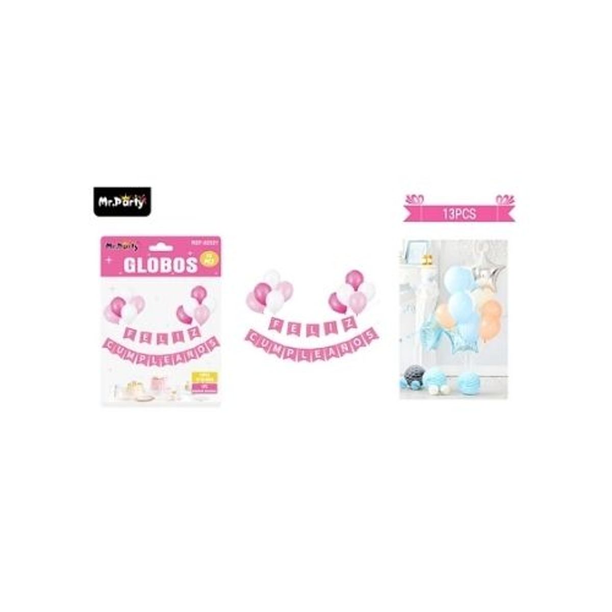 GENERICO - Set de globos látex y guirnalda rosado 13pcs