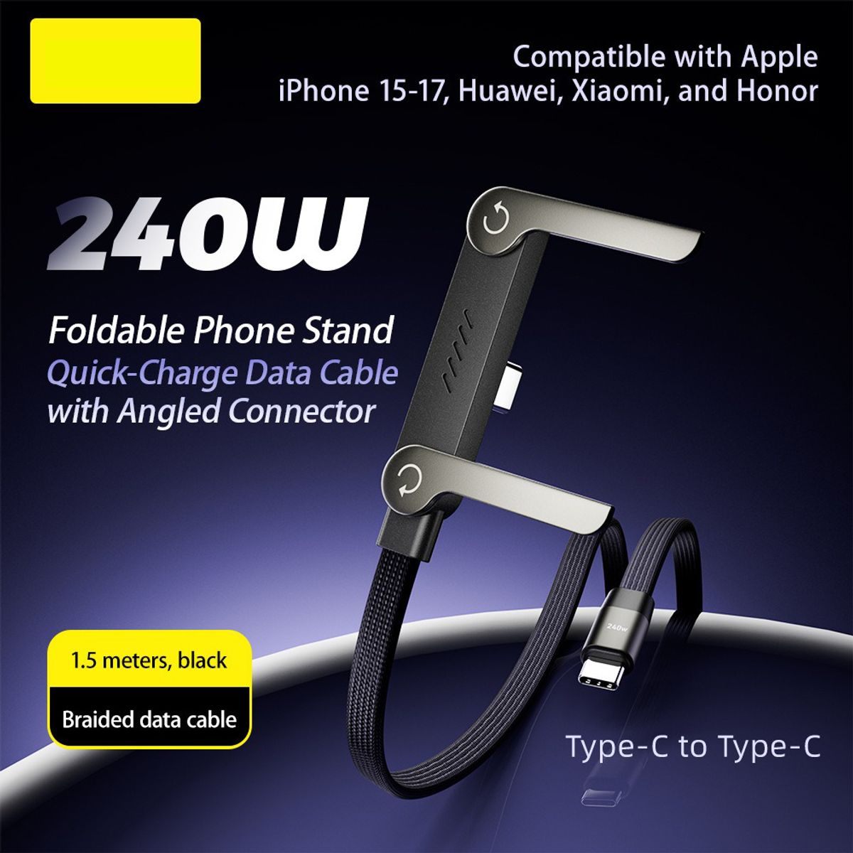 RENVMEXY - Cable Cargador 240W USB-C 1.5m con Soporte Plegable 2 en 1