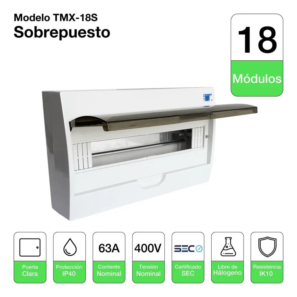 DRL - Tablero Eléctrico Sobreponer Drl 18 Modulos Tapa Clara Sec