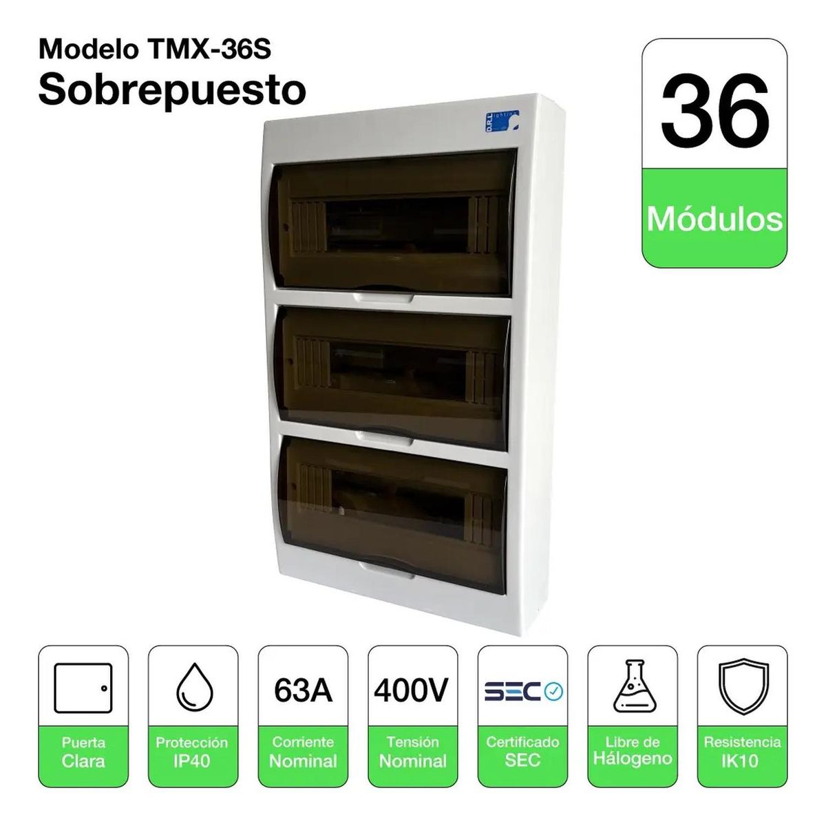 DRL - Tablero Eléctrico Sobreponer Drl 36 Modulos Tapa Clara Sec