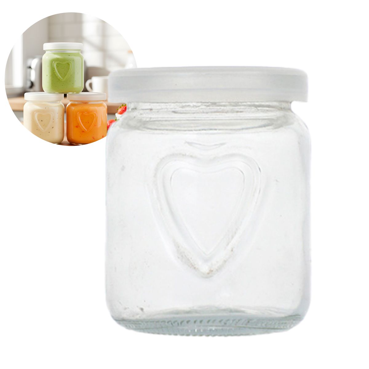 GENERICO - 20 Frasco Vidrio Redondo Yogur 150ml Postres Tapa Plastica Corazón