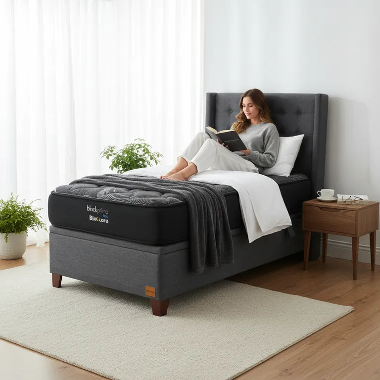 Cama Baul 1 Plaza L200 cm + Colchon Black Prime - Modelo Uno + Respaldo / Con Patas de 4.5 cm