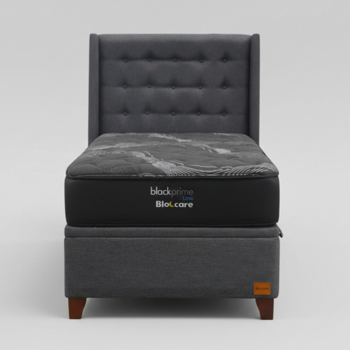 BLOCCARE - Cama Baul 1.5 Plaza L190 cm + Colchon Black Prime - Modelo Uno + Respaldo / Con Patas de 11 cm