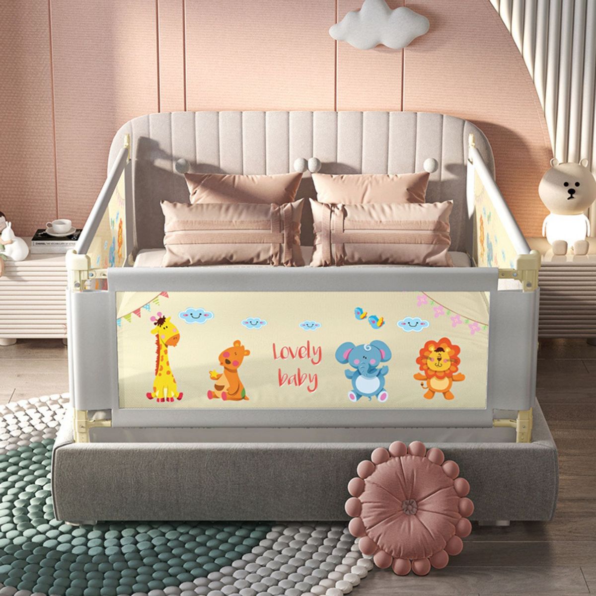 BABYLUNA - Baranda De Seguridad Para Camas Niños Con Altura Ajustable 150cm Animales
