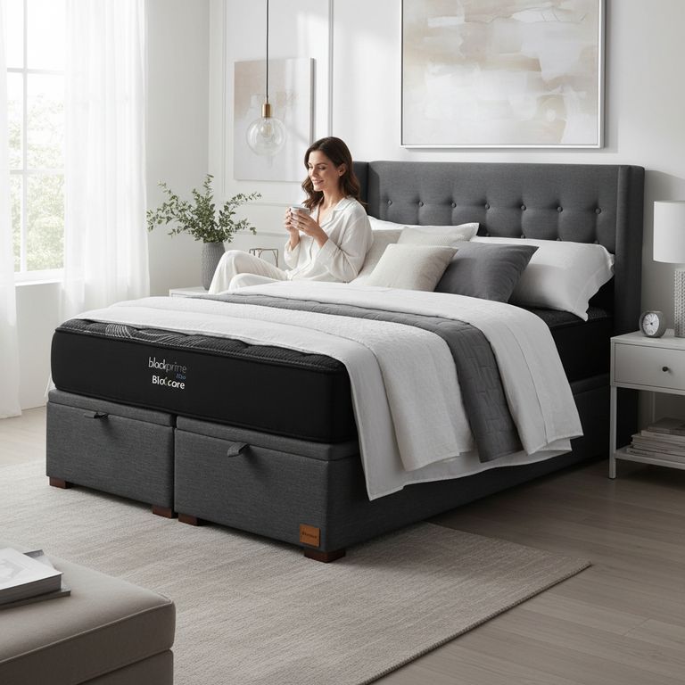 Cama Baul Super King L200 cm + Colchon Black Prime - Modelo Uno + Respaldo / Con Patas de 11 cm