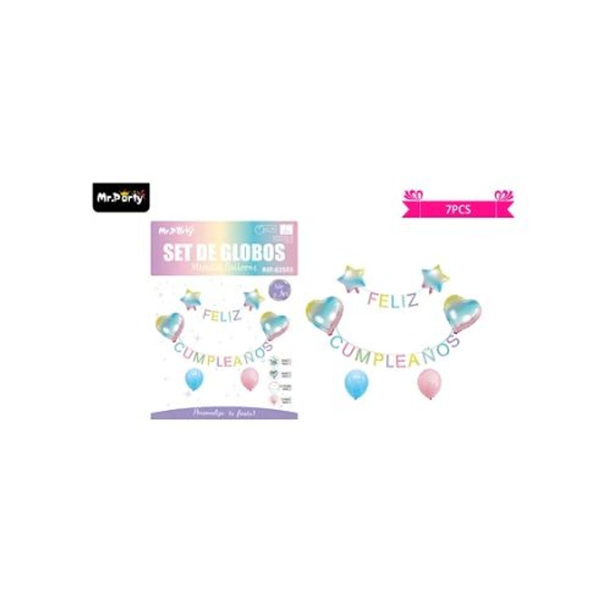 GENERICO - Set de globos y guirnalda colorido con estrella y corazón 7pcs