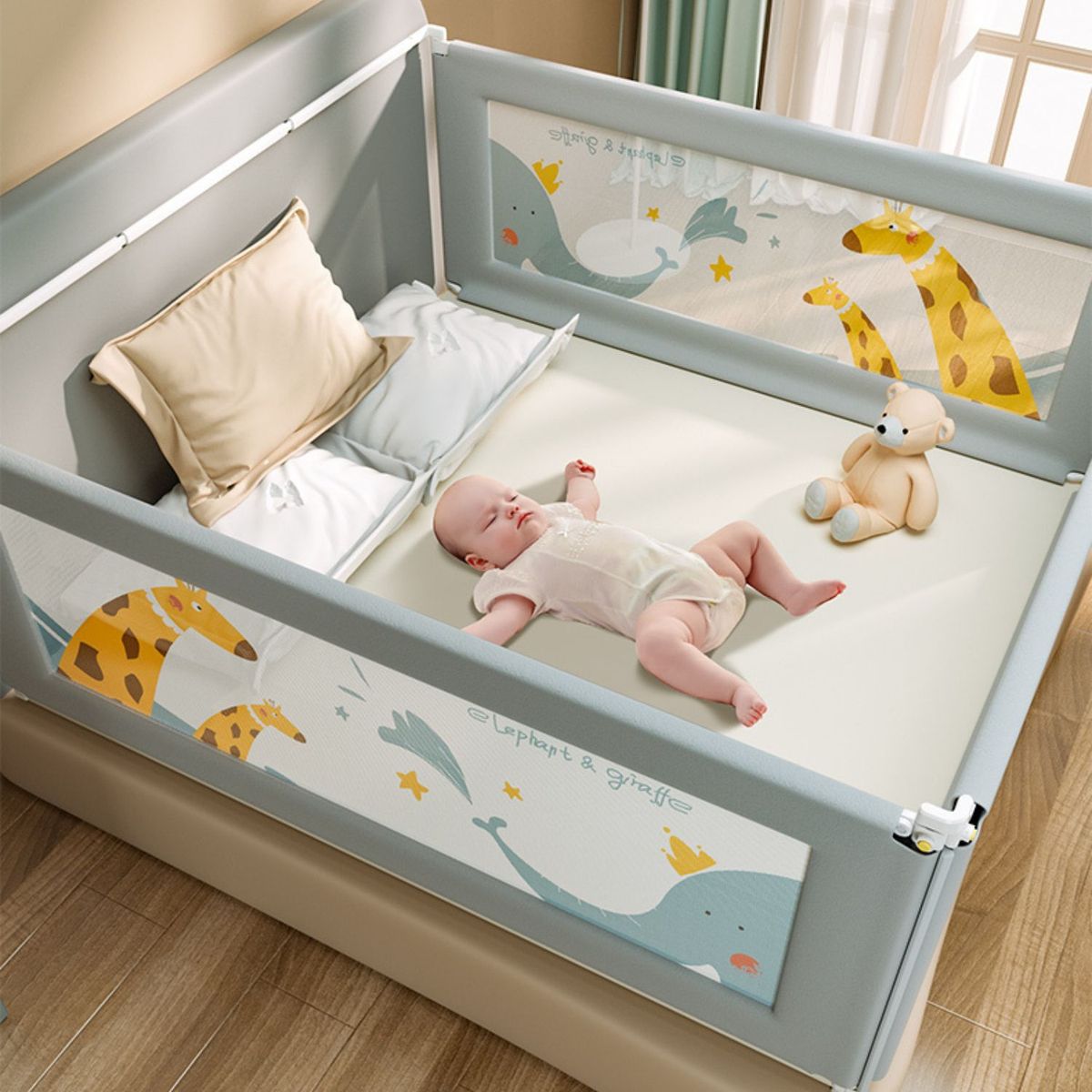 BABYLUNA - Baranda De Cama Seguridad Bebe Abatible Ajustable 180cm Jirafa