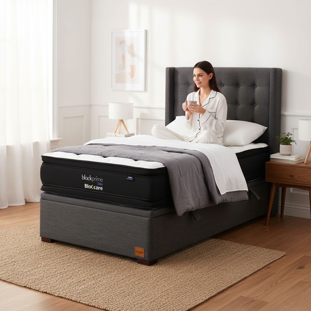 BLOCCARE - Cama Baul 1.5 Plaza L200 cm + Colchon Black Prime - Modelo Dos + Respaldo / Con Patas de 4.5 cm