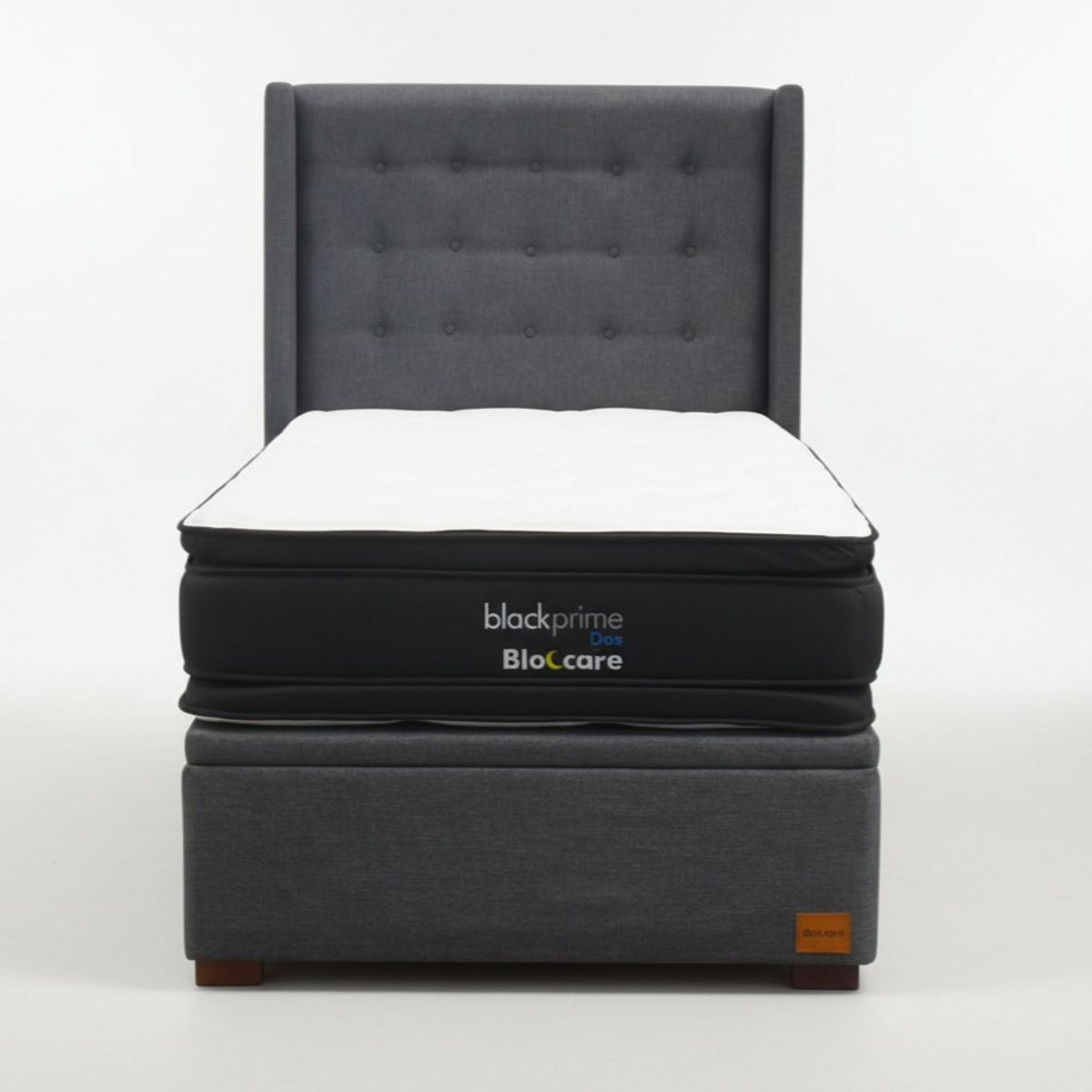 BLOCCARE - Cama Baul 1.5 Plaza L200 cm + Colchon Black Prime - Modelo Dos + Respaldo / Con Patas de 4.5 cm