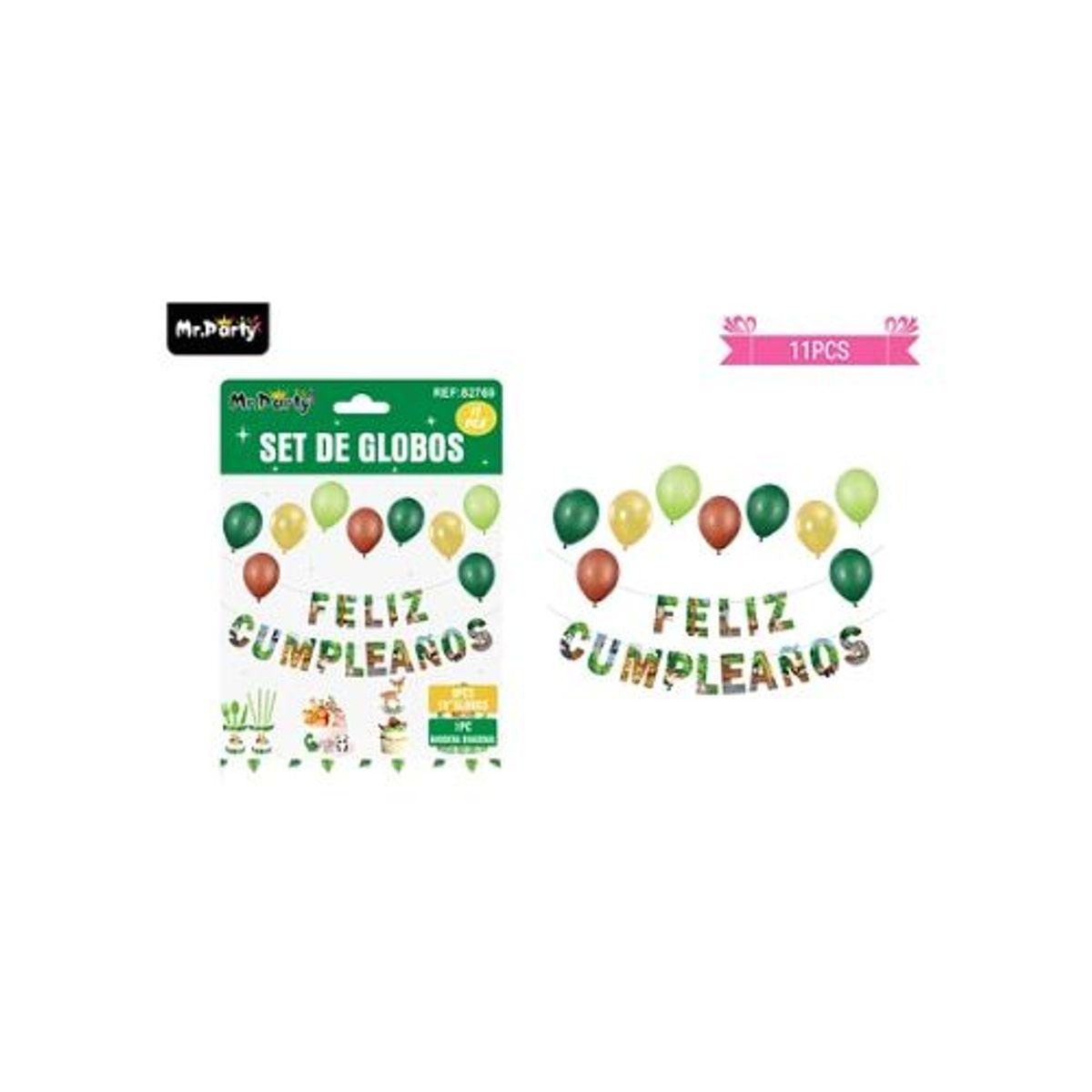 GENERICO - Set de globos látex y guirnalda con animales 11pcs