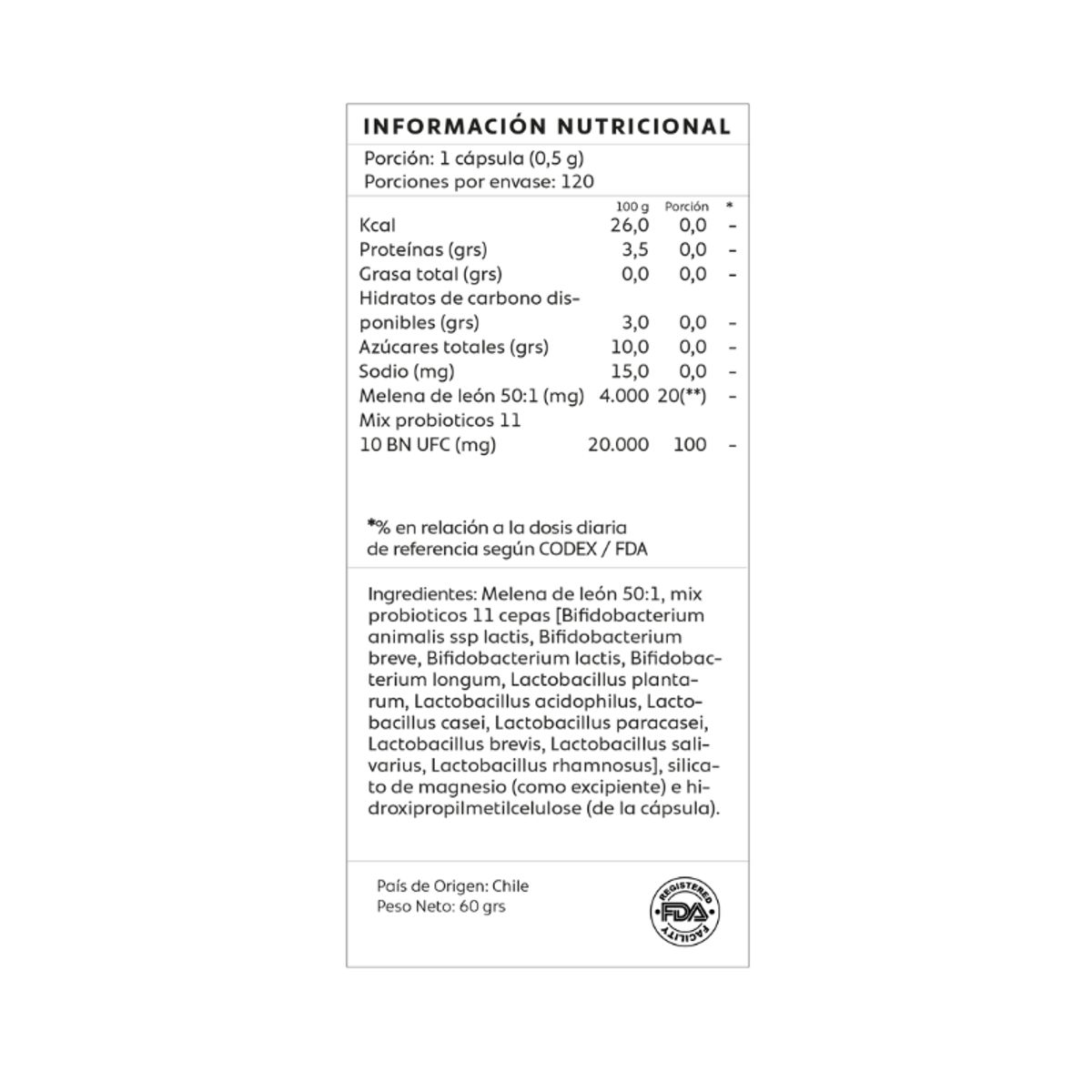 GENERICO - Melena De Leon Y Probioticos 11 120 Capsulas Mind Nutrition