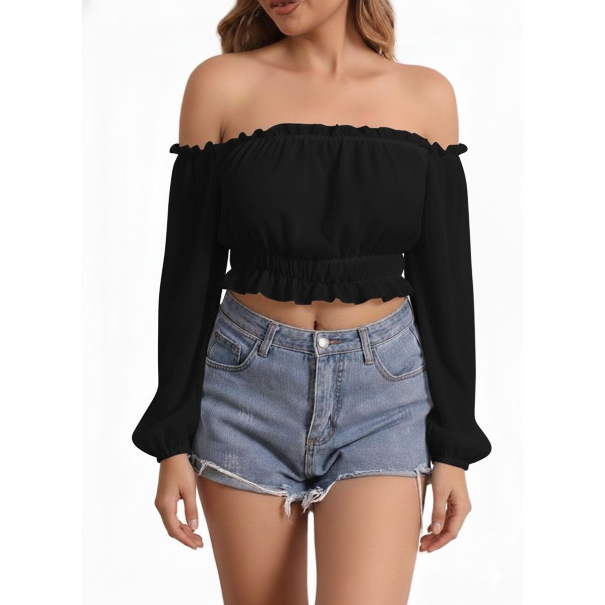 GARSIL - Crop Top De Manga Larga Globo Y Hombros Descubiertos Para Mujer
