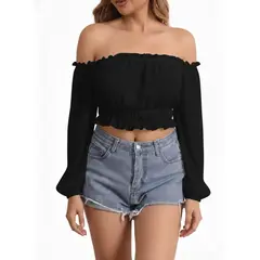 GARSIL - Crop Top De Manga Larga Globo Y Hombros Descubiertos Para Mujer