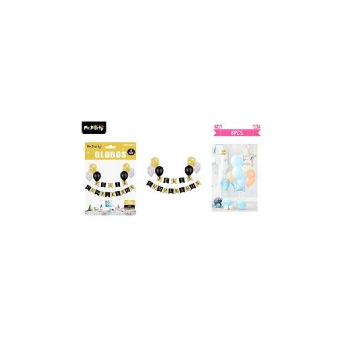 GENERICO - Set de globos látex y guirnalda negro y dorado 8pcs