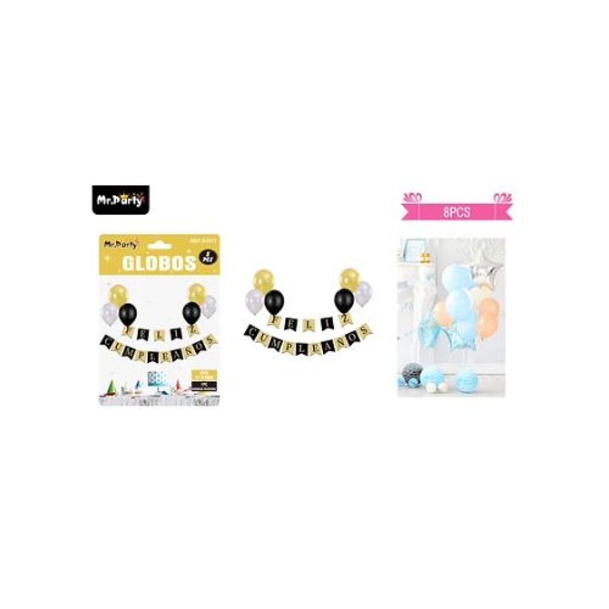 GENERICO - Set de globos látex y guirnalda negro y dorado 8pcs