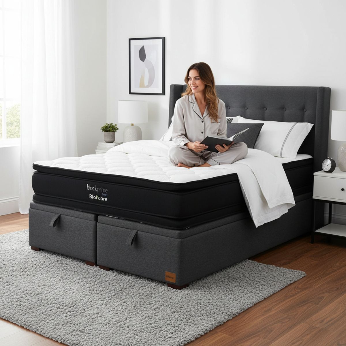 BLOCCARE - Cama Baul King L200 cm + Colchon Black Prime - Modelo Dos + Respaldo / Con Patas de 4.5 cm